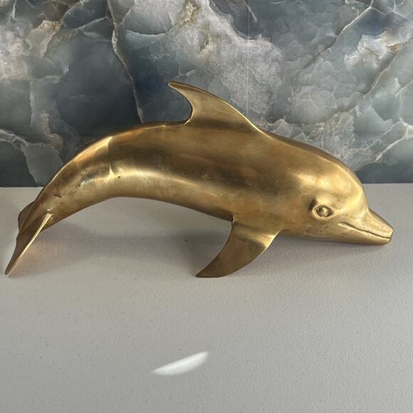 Dolphin Sculpture/Sea Life Figurine Vintage Solid Brass 13.5" x 7" - Picture 1 of 13